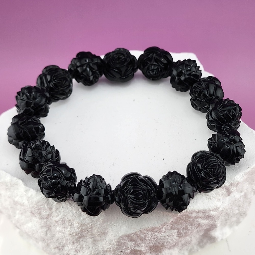 Black Carved Rose Bead Stretch Bracelet Gothic Floral Romantic Goth Jewelry